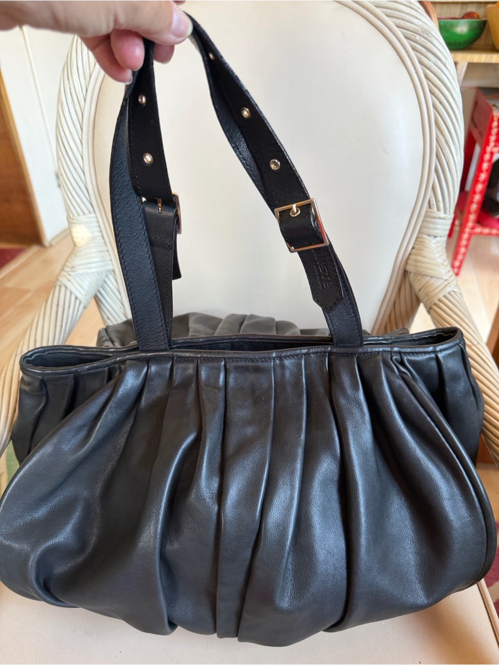 Kalliste Italian leather Black Ruched bag.